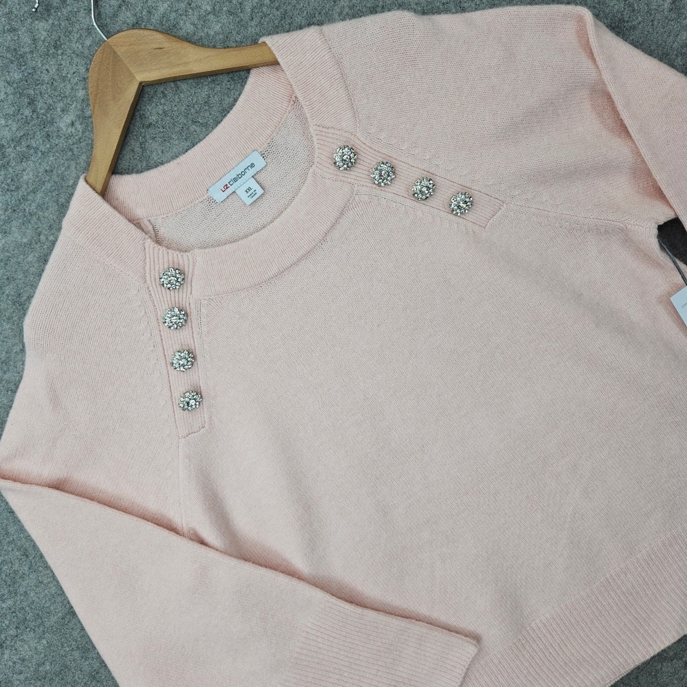 NEW Liz Claiborne Sweater Women's XXL Pink Rose Quartz Rhinestone Embellished